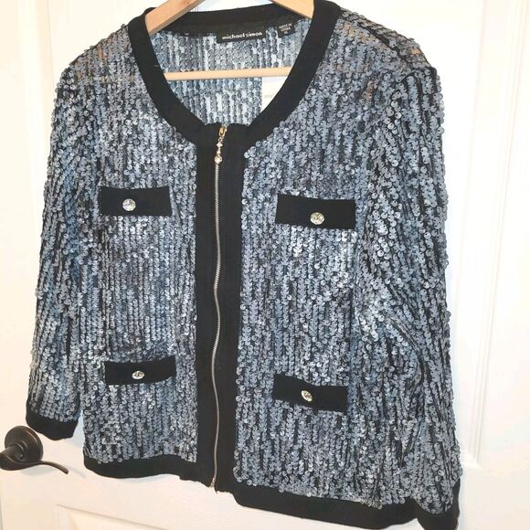 Michael Simon Jacket Woman XLarge Gray Sequined Mesh Zip Stretch Eveningwear New - Picture 2 of 12